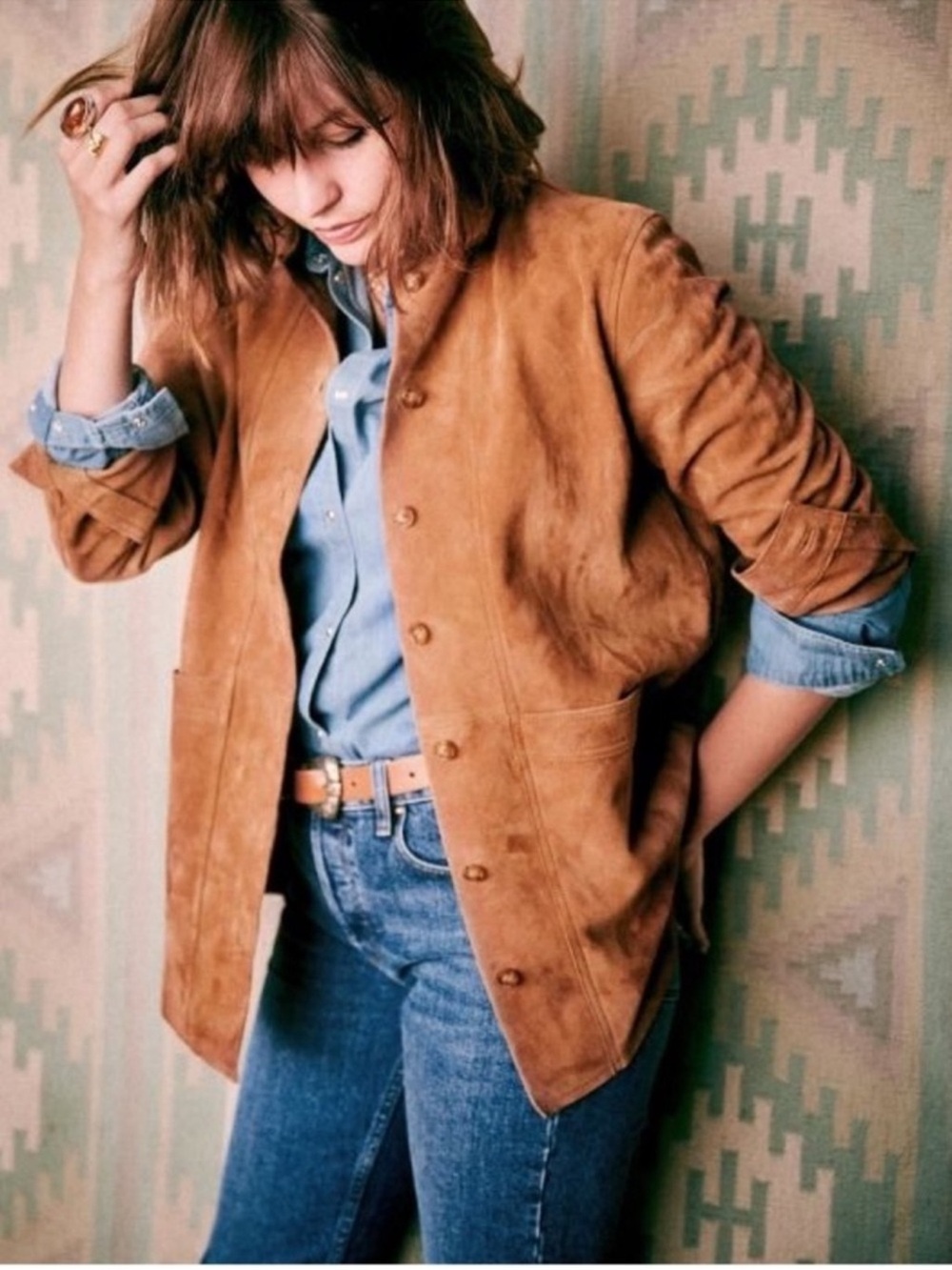 Sézane Will Suede Tan Goat Leather Button Jacket - Picture 2 of 7